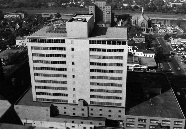 Aerial of Dayton, YMCA and river 1959